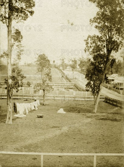 Settlers' plots, Queensland. Washing hangs from a line suspended between trees on a large, fenced plot of settler's land. Similar plots can be seen stretching into the distance. Queensland, Australia, circa 1890., Queensland, Australia, Australia, Oceania.
