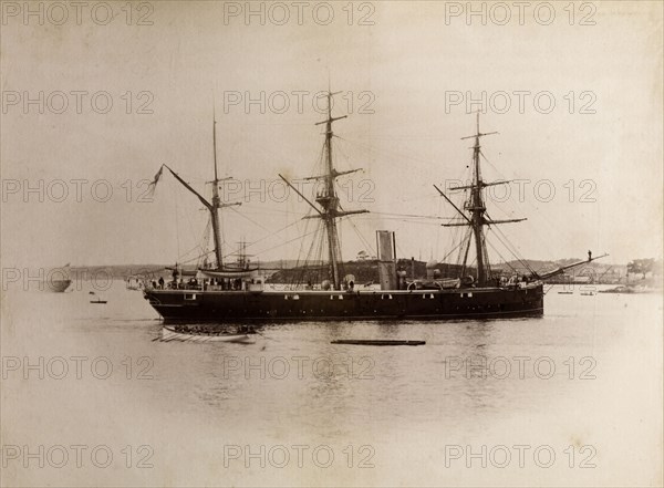 Ship off the Queensland coast. Portrait of a ship with three masts sailing off the coast of Queensland. Queensland, Australia, circa 1890., Queensland, Australia, Australia, Oceania.