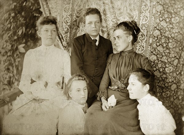 Pughe family portrait, Australia. Portrait of the Pughe family. Ellen May Pughe, nee Brodribb, sits second from right surrounded by her four children. Identified left to right, they are Margaret ('Peggy') and Evan ('Goosey') Pughe (back row), and Bettina and Phillipa Pughe (front row). Near Brisbane, Australia, circa 1908., Queensland, Australia, Australia, Oceania.