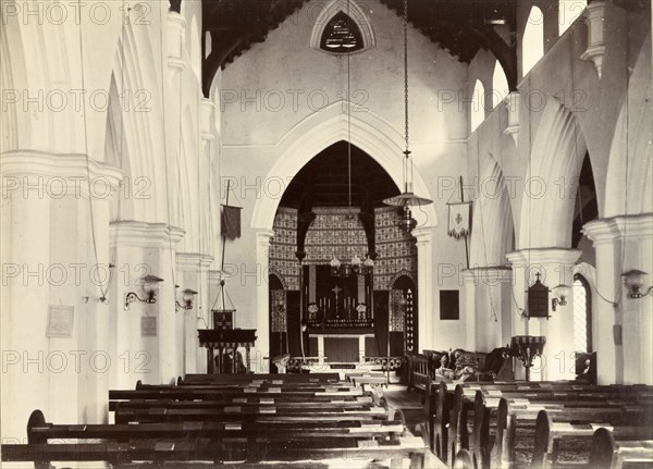 Church interior at Noushera. Interior shot of a church looking towards the altar. Noushera, India, circa 1895. Noushera, Jammu and Kashmir, India, Southern Asia, Asia.