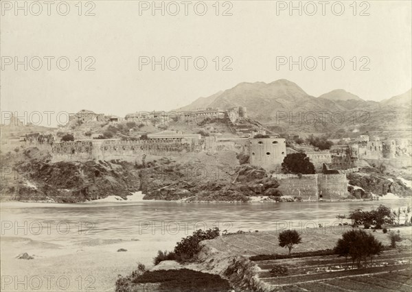 The fort at Attock. View across the Indus River looking towards the fort at Attock. Attock, Punjab, India (Punjab, Pakistan), circa 1895. Attock, Punjab, Pakistan, Southern Asia, Asia.