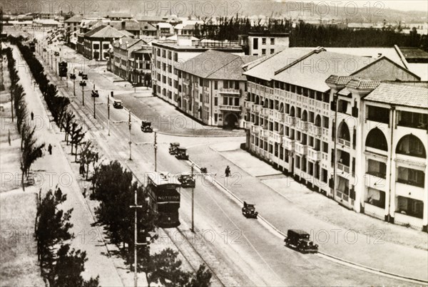 Seafront parade at Durban. Cars and trams are dotted along Durban's wide, open seafront parade. Durban, Natal (KwaZulu Natal), South Africa, circa 1936. Durban, KwaZulu Natal, South Africa, Southern Africa, Africa.