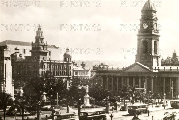 General Post Office, Durban. Formal gardens line the street in front of the General Post Office building. Durban, Natal (KwaZulu Natal), South Africa, circa 1936. Durban, KwaZulu Natal, South Africa, Southern Africa, Africa.
