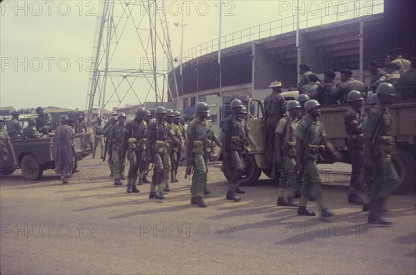 National day of prayer. Uniformed military police, pictured on a national day of prayer to mark the end of the Nigerian Civil War (1967-70). A related image suggests the soldiers may be attending a thanksgiving ceremony at the Liberty Stadium in Onitsha. Nigeria, circa February 1970. Nigeria, Western Africa, Africa.
