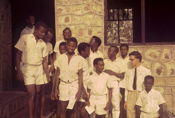 Schoolboys after a bible class. Uniformed boys from a Church of Nigeria school, pictured outside following a bible study class. Nigeria, February 1963. Nigeria, Western Africa, Africa.
