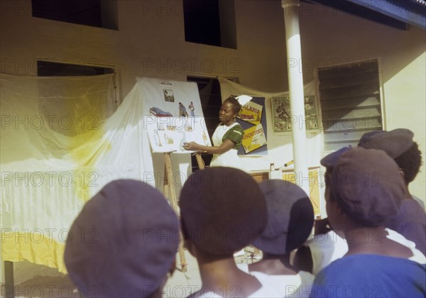 Open day at a Church of Nigeria hospital. A uniformed nurse working for a Church of Nigeria hospital, presents a pictorial demonstration for a crowd of interested onlookers. Posters warning about the danger of mosquito bites and malaria are displayed in the background. Nigeria, circa 1965. Nigeria, Western Africa, Africa.