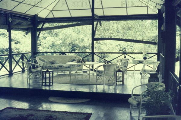 Veranda at the Panitola tea estate. The veranda attached to the Superintendent's bungalow ('burra bungalow') at the Panitola tea estate in Assam. Dibrugarh, Assam, India, circa 1975. Dibrugarh, Assam, India, Southern Asia, Asia.