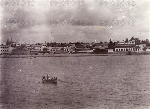 Zanzibar from the sea. View from the sea of the coastline and city of Zanzibar. Zanzibar (Tanzania), 1906. Zanzibar Town, Zanzibar Urban/West, Tanzania, Eastern Africa, Africa.