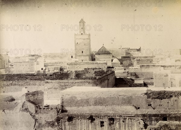 A mosque in Safi. View of a mosque across the rooftops in Safi. Safi, Morocco, 1898. Safi, Safi, Morocco, Northern Africa, Africa.