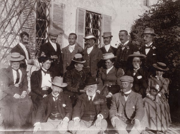 A British group in Morocco. A group of British men and women dressed in their best attire, line up good-humouredly for the camera. Safi, Morocco, 1898. Safi, Safi, Morocco, Northern Africa, Africa.