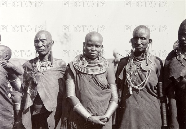 Maasai women. Portrait of three Maasai women wearing traditional dress, their heads shaved and adorned with necklaces and earrings. British East Africa (Kenya), 1906. Kenya, Eastern Africa, Africa.