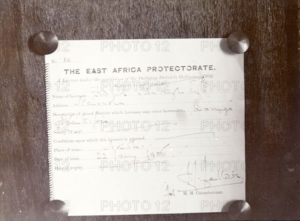 Official safari permit. Close-up of the official permit received by Fredercik Stanbury allowing him to undertake a hunting safari in the Lake Baringo area. British East Africa (Kenya), 1906. Kenya, Eastern Africa, Africa.
