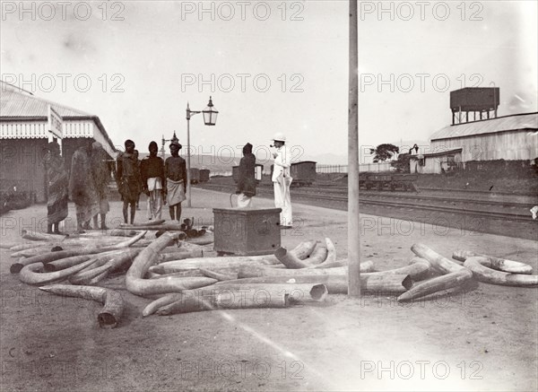 Ivory on the railway platform at Kisumu. A group of people stand beside a heap of elephant tusks on the platform at Kisumu railway station. Kisumu, British East Africa (Kenya), 1906. Kisumu, Nyanza, Kenya, Eastern Africa, Africa.