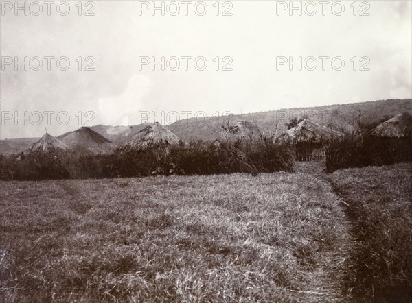 The 'zareeba' at Kavirondo. A rough pathway leads through a field into the thatched-roofed 'zareeba', or protected village enclosure, at Kavirondo. Kavirondo, British East Africa (Kenya), 1906. Kavirondo, Nyanza, Kenya, Eastern Africa, Africa.