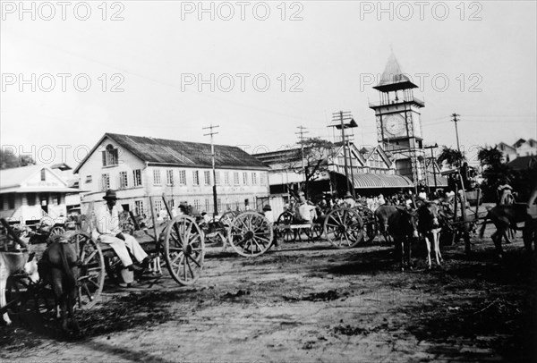 The market place, Janjanbureh. A busy market place crammed with horse-drawn carts. Janjanbureh, Gambia, circa 1935. Janjanbureh, Central River, Gambia, Western Africa, Africa.