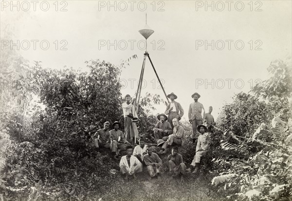 Berbam base line survey team. Trigonometrical beacon of a British survey team at 'South Base Station' on the River Bernam base line. Selangor, British Malaya (Malaysia), circa 1900., Selangor, Malaysia, South East Asia, Asia.