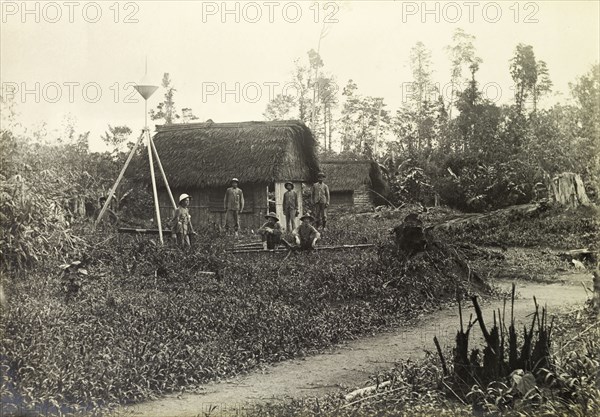 British surveying team on the Bernam base line. Mid Base Station' of a British survey team on the River Bernam base line. Selangor, Malaysia, circa 1900.