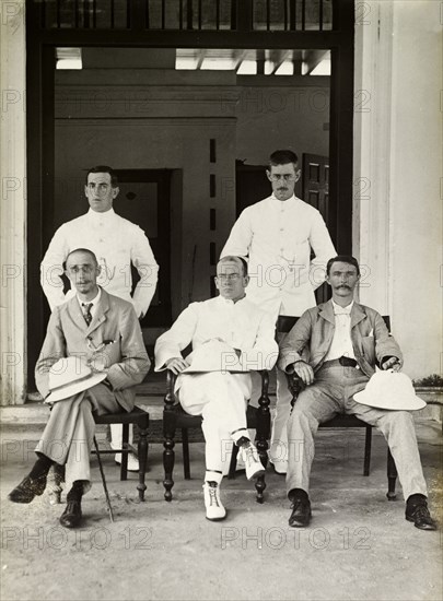 British survey officers, Malaysia. British officers of the Trigonometrical Survey Office at Taiping. Taipang, British Malaya (Malaysia), circa 1900. Taipang, Perak, Malaysia, South East Asia, Asia.
