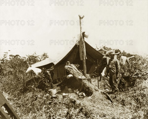 British survey camp at Bintang, Malaysia. Trigonometrical survey camp at Gunung Bintang (1862 m.). Near Kampong Sedim, British Malaya (Malaysia), circa 1902., Kedah, Malaysia, South East Asia, Asia.