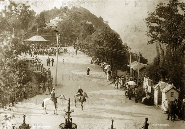 View of Darjeeling. View of Darjeeling looking towards the bandstand and 'chowrasta', the equivalent of a town square on the ridge of the town itself. Darjeeling, India, circa 1900. Darjeeling, West Bengal, India, Southern Asia, Asia.