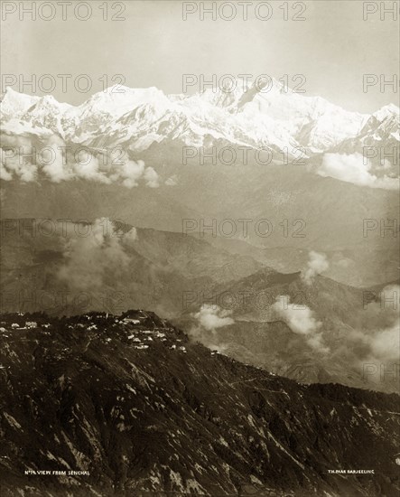 Kanchenjunga, circa 1900. View of the Himalayan mountain Kanchenjunga, taken from Senchal near Darjeeling. Senchal, West Bengal, India, circa 1900., West Bengal, India, Southern Asia, Asia.