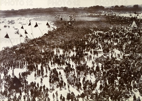 Overhead view of the Kumbh Mela. Overhead view of Hindu pilgrims at the Kumbh Mela, a Hindu bathing festival held every 12 years. Allahabad, United Provinces (Uttar Pradesh), India, circa January 1906. Allahabad, Uttar Pradesh, India, Southern Asia, Asia.