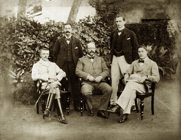 Victorian colonialists, Calcutta. Group portrait of five European men, including S.A.H. Sitwell, a British employee of the Bank of Bengal. Calcutta (Kolkata), India, August 1897. Kolkata, West Bengal, India, Southern Asia, Asia.