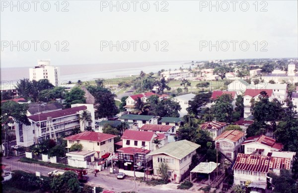 View across Georgetown. View across the rooftops of Georgetown, taken from a high vantage point looking out to sea. Georgetown, Guyana, circa 1994. Georgetown, Demerara-Mahaica, Guyana, South America, South America .