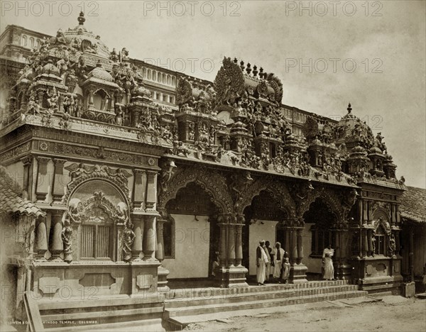 Hindu temple, Ceylon. The intricately carved stone entrance to a Hindu temple. Colombo, Ceylon (Sri Lanka), circa 1885. Colombo, West (Sri Lanka), Sri Lanka, Southern Asia, Asia.