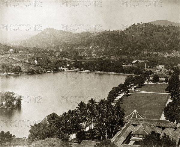 The lake at Kandy. View from a high vantage point across the lake at Kandy. Kandy, Ceylon (Sri Lanka), circa 1885. Kandy, Central (Sri Lanka), Sri Lanka, Southern Asia, Asia.