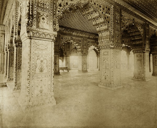 Archways at the Delhi Fort. Ornate archways decorated with painted designs stretch along a corridor in what was originally the King's Palace, now part of the Delhi Fort complex. Delhi, India, circa 1885. Delhi, Delhi, India, Southern Asia, Asia.