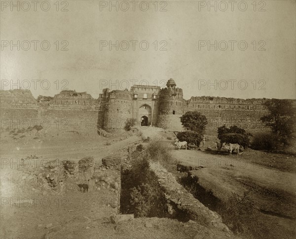 Ruined walls in Delhi. Cattle-drawn carts laden with hay stand outside the ruined walls in an old part of the city. Delhi, India, circa 1885. Delhi, Delhi, India, Southern Asia, Asia.
