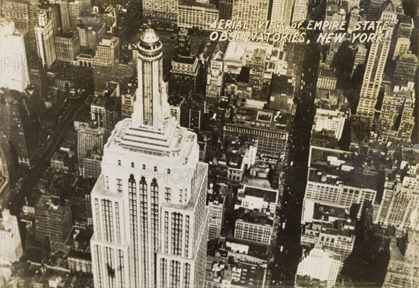 Empire State observatories. Ariel view of the observatories at the top of the Empire State Building. New York, United States of America, circa 1942. New York, New York, United States of America, North America, North America .