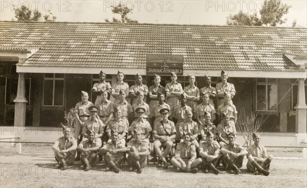 Royal Corps of Signals, Jamaica. The Jamaica regiment of the Royal Corps of Signals assemble outdoors for a group portrait at their headquarters. Jamaica, 1943. Jamaica, Caribbean, North America .