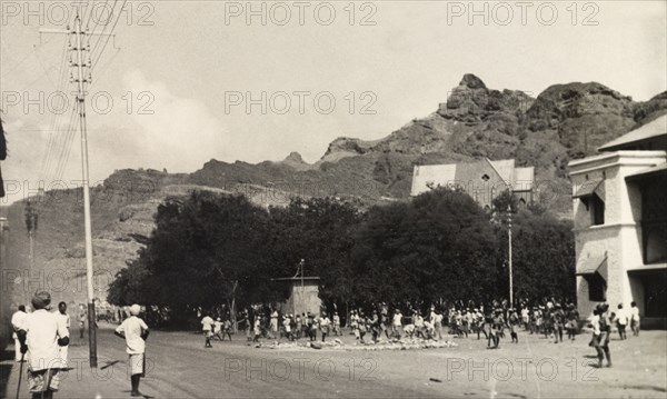 Rioting in Aden, 1947. Crowds of people fill a square in Aden, during the Arab riots that took place between 1-3 December 1947 in response to the United Nations Partition Plan for Palestine. Aden, Yemen, December 1947. Aden, Adan, Yemen, Middle East, Asia.