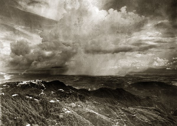 Storm over Doon Valley. Dramatic shot of a storm breaking over the Doon Valley seen from Mussoorie hill station. Mussoorie, India, circa 1890., Uttaranchal, India, Southern Asia, Asia.