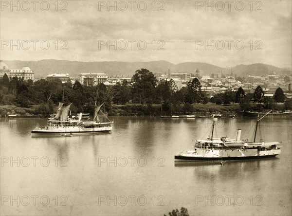 Brisbane River scene. Steamers on the Brisbane River. Brisbane, Australia, circa 1890. Brisbane, Queensland, Australia, Australia, Oceania.