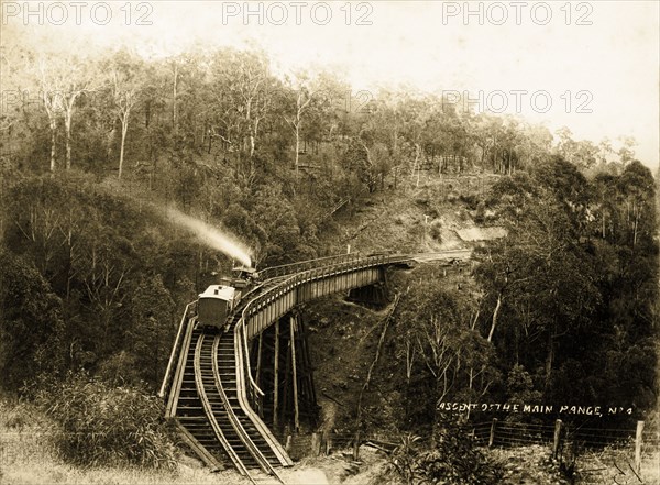 Trestle bridge, Queensland. Steam train on a railway trestle bridge on the Main Range line from Helidon to Toowoomba. Queensland, Australia, circa 1890., Queensland, Australia, Australia, Oceania.