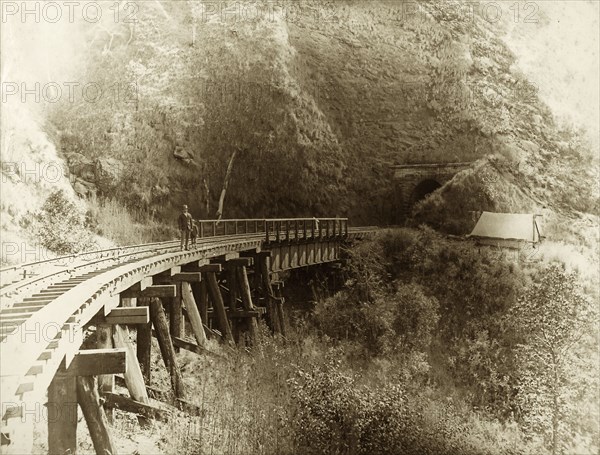 Railway bridge, Queensland. A man and young boy stand on a railway bridge cut into the side of a mountain. Proabably part of the Main Range line from Helidon to Toowoomba. Queensland, Australia, circa 1890., Queensland, Australia, Australia, Oceania.