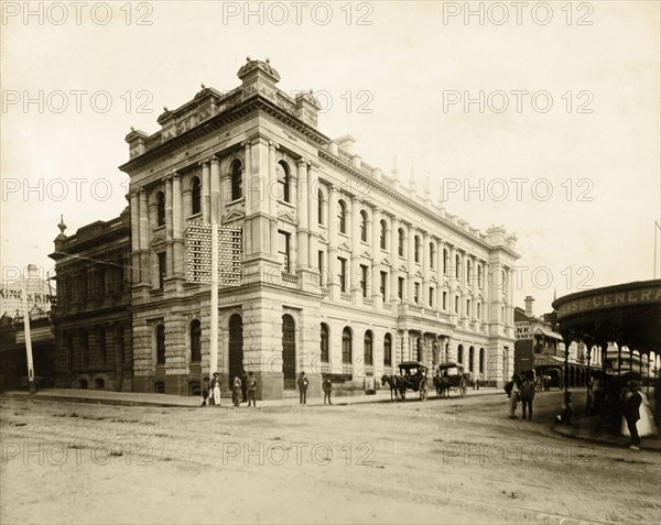 The Australian Mutual Provident Society. The three-storey, classical building of the Australian Mutual Provident Society (AMP) on the corner of Edward Street. Brisbane, Australia, circa 1885. Brisbane, Queensland, Australia, Australia, Oceania.