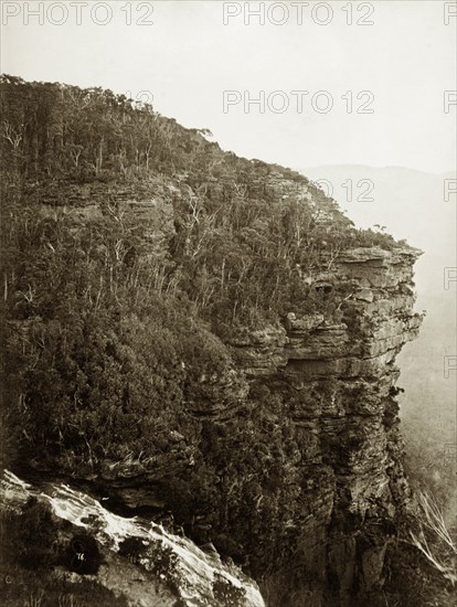 Head of Wentworth Falls. The head of Wentworth Falls (foreground) in the Blue Mountains. New South Wales, Australia, circa 1885., New South Wales, Australia, Australia, Oceania.