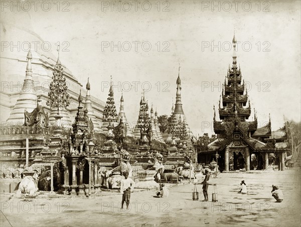 Shrines at the Shwe Dagon Pagoda. Shrines on the platform of the Shwe Dagon Pagoda. Rangoon (Yangon), Burma (Myanmar), circa 1885. Yangon, Yangon, Burma (Myanmar), South East Asia, Asia.