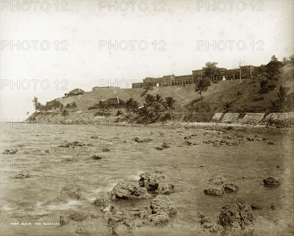 The Barracks', Andaman Islands. Distant view of an army barracks for European soldiers. Andaman Islands, India, circa 1895. Port Blair, Andaman and Nicobar Islands, India, Southern Asia, Asia.