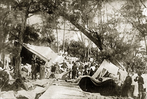 Camp for shipwreck survivors. Camp of the troops rescued from the troopship 'Warren Hastings'. Mauritius, January 1897. Mauritius, Indian Ocean, Africa.