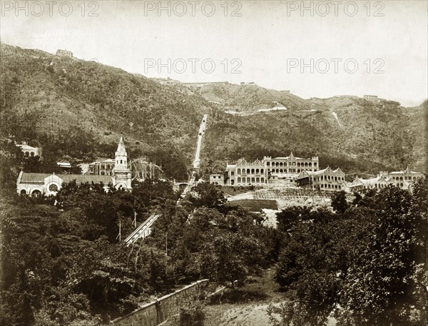 The Peak Tramway, Hong Kong. View of the Peak Tramway, a funicular railway running up to Victoria Peak. Hong Kong, (People's Republic of China), circa 1895., Hong Kong, China, People's Republic of, Eastern Asia, Asia.