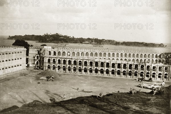 Cellular Jail at Port Blair. Construction of the cellular jail. Port Blair, Andaman Islands, India, circa 1900. Port Blair, Andaman and Nicobar Islands, India, Southern Asia, Asia.