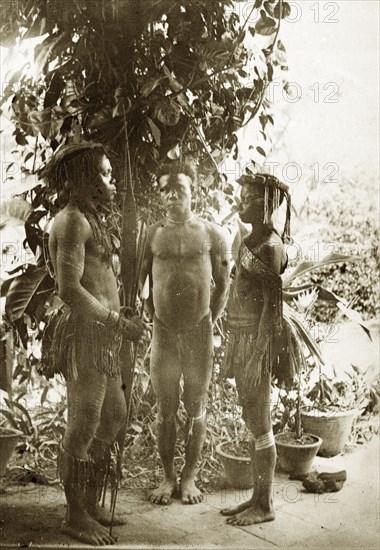 Three Andaman Islanders. Outdoors portrait of three Andaman Islanders, two men and a woman. The couple facing each other in profile wear traditional dress including grass-like aprons and neckpieces: the man on the left holds a bow and long arrows. Andaman Islands, India, circa 1900., Andaman and Nicobar Islands, India, Southern Asia, Asia.