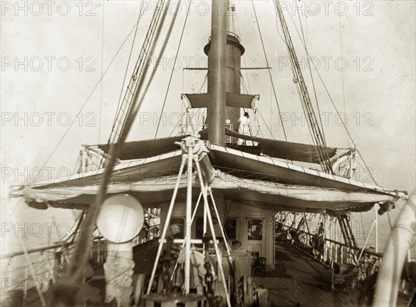 On board RIMS 'Investigator'. View across the deck of RIMS 'Investigator', a naval steamer belonging to the Royal Indian Marine Service. Indian Ocean, circa 1900., Southern Asia, Asia.