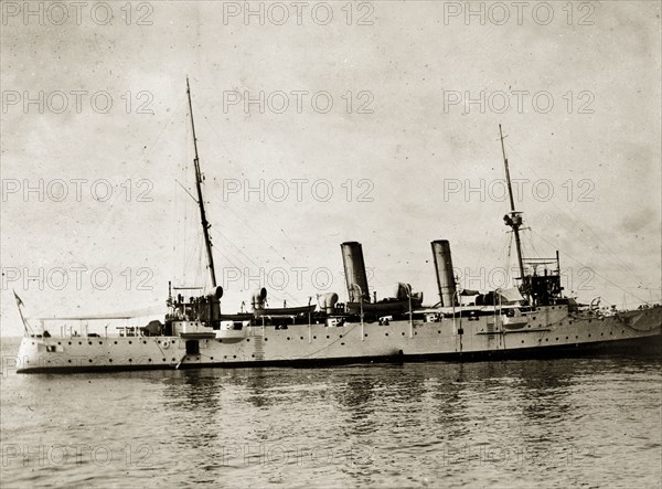 HMS 'Fox' at sea. HMS 'Fox', a naval steamer belonging to the Persian Gulf Operations Fleet. Probably the Persian Gulf, circa 1900., Middle East, Asia.