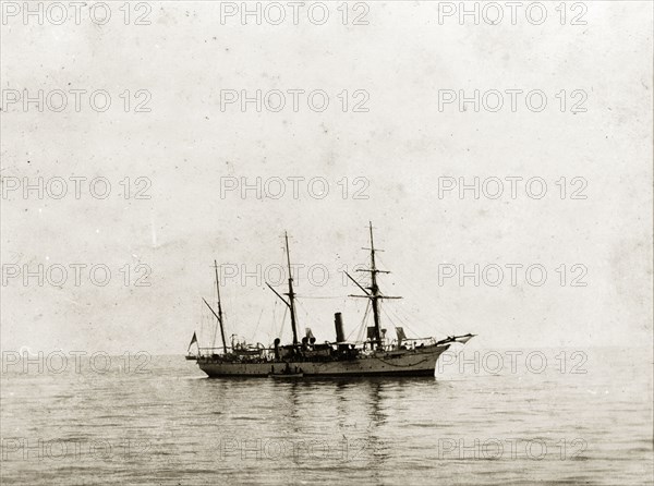 HMS 'Odin' at sea. HMS 'Odin', a naval steamer belonging to the Persian Gulf Operations Fleet. Probably the Persian Gulf, circa 1900., Middle East, Asia.